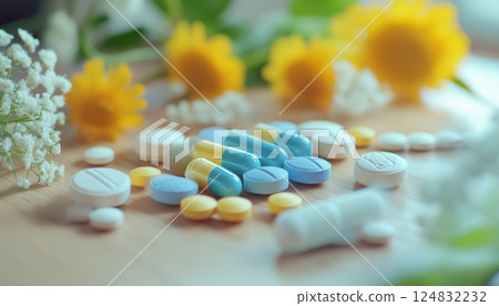 Close-Up Shot Of Various Pills, Herbs, And Flowers On A Wooden Table - A Display Of Dietary Supplements. 124832232