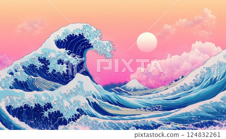 The Great Wave In Vaporwave Pop Art: A Stylish Interpretation Of A 19th Century Japanese Print Capturing The Ocean'S Crest Leap. 124832261