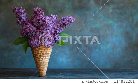 Vibrant Purple Lilac Flowers In A Delicate Wafer Ice Cream Cone: A Beautiful Flower Still Life Creation. A Stunning Floral Arrangement. 124832291