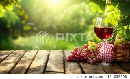 Red Wine And A Bunch Of Grapes Set On A Vintage Wooden Table As Wine Is Poured Into A Glass 124832298