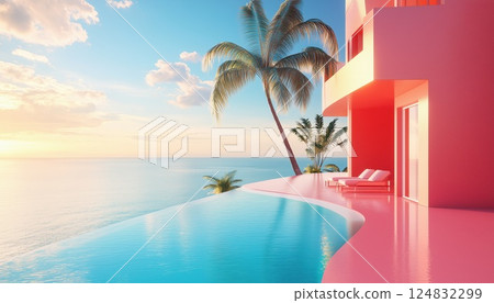 Luxurious Modern Architecture: Summer Villa With Private Pool And Ocean View In Exclusive Hotel Or Resort Setting With Sunbathing Facilities 124832299
