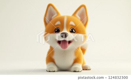 Adorable And Funny Orange Corgi Puppy With Dot Eyes And Red Tongue Sitting Playfully On White Background - Lovely Pet Image. 124832300