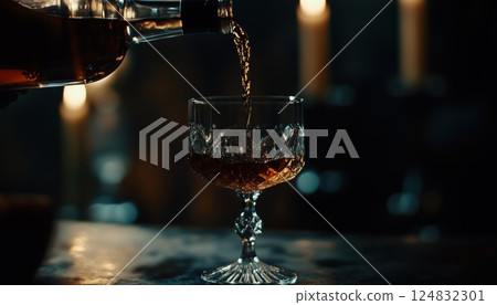 Pouring Aged Golden Fortified Wine From A Vintage Bottle Into A Crystal Glass With Ample Copy Space Available. Enhance Your Wine Experience. 124832301