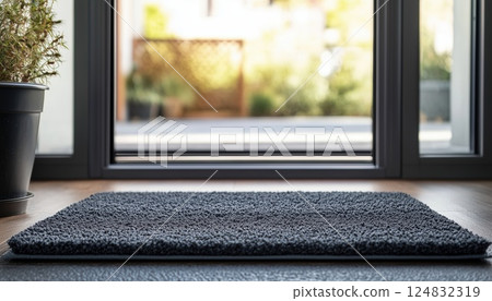 Elegant Grey Welcome Mat Featuring A Closed Door Design For A Stylish And Welcoming Touch To Your Entryway Decor. 124832319