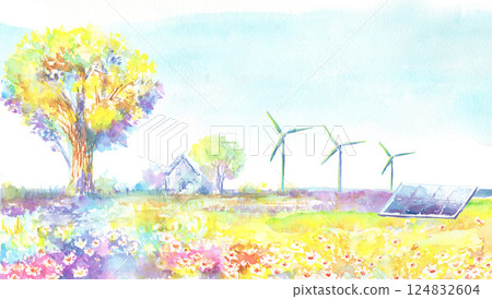 Landscape of a sustainable future where we coexist with natural energy: Watercolor illustrations themed on the SDGs 124832604