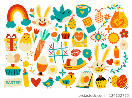 Colorful cute set of Easter stickers and illustrations in flat style. Set of spring elements and Easter attributes, Easter, spring, rabbit, chicken, egg, gift, basket. Stickers for printing and decor. Colorful cute set of Easter stickers and illustrations in flat style. Set of spring elements and Easter attributes, Easter, spring, rabbit, chicken, egg, gift, basket. Stickers for printing and decor. 124832753