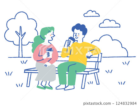 男人和女人在公園的長椅上喝咖啡_顏色 男人和女人在公園的長椅上喝咖啡_顏色 124832984