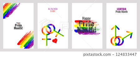 LGBT Pride Month set of colorful poster. Symbol LGBT pride community. Rainbow elements. Banner design cover magazine, layout, brochure, flyer. Vector illustration. LGBT Pride Month set of colorful poster. Symbol LGBT pride community. Rainbow elements. Banner design cover magazine, layout, brochure, flyer. Vector illustration. 124833447