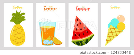 Hello summer color postcard design template layout. Pineapple watermelon orange juice ice cream. Vector illustration. 124833448