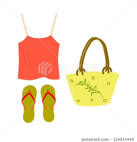 Summer clothing set Vector summertime Trend outfit. Top beach bag slates. Design for sales banner poster web page advertising printed materials. Summer clothing set Vector summertime Trend outfit. Top beach bag slates. Design for sales banner poster web page advertising printed materials. 124833449