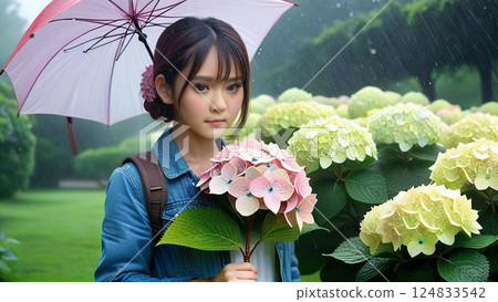 A girl holding an umbrella in the rain to see hydrangeas [AI-generated image] 124833542