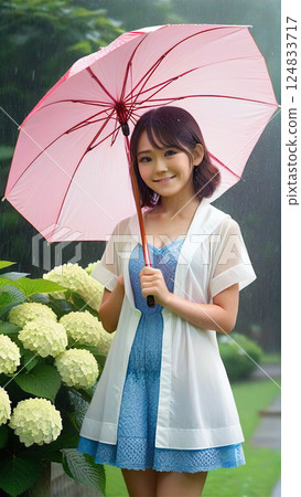 一個女孩在雨中撐著傘看繡球花 [AI 生成的圖片] 124833717