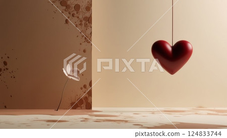 A vibrant red heart is gently hanging from a string in a cozy room A vibrant red heart is gently hanging from a string in a cozy room 124833744