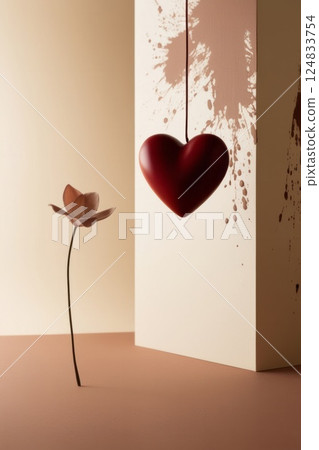 A red heart hangs from a string near a beautiful flower 124833754