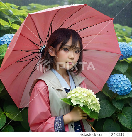 一個女孩在雨中撐著傘看繡球花 [AI 生成的圖片] 124833931