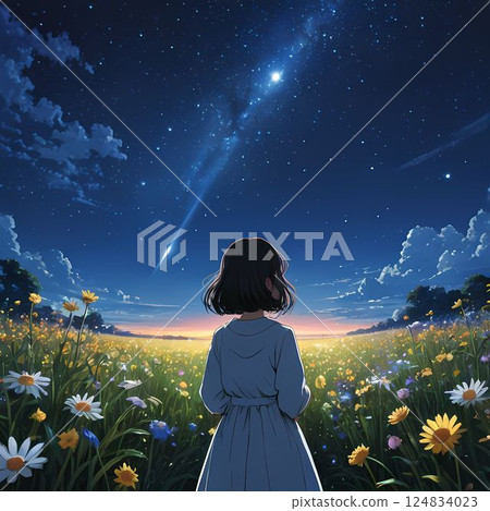 Back view of a woman gazing at the starry sky Back view of a woman gazing at the starry sky 124834023