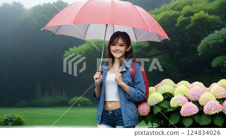 A girl holding an umbrella in the rain to see hydrangeas [AI-generated image] 124834026