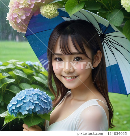 A girl holding an umbrella in the rain to see hydrangeas [AI-generated image] 124834035