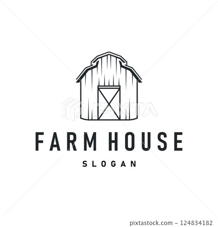 farm house design simple barn livestock logo concept illustration of a farm barn with a simple line concept, old vintage, antique, business brand symbol template 124834182