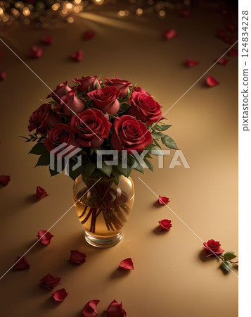 A bouquet of red roses in a vase with scattered petals around 124834228