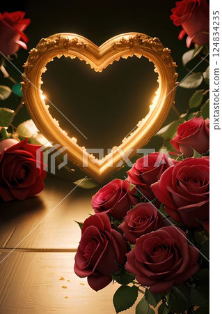 Golden heart and a bouquet of red roses 124834235