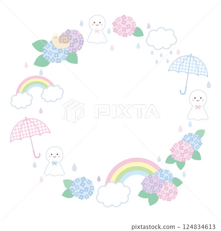 向量圖的可愛的雨季框架。 Teru Teru Bouzu，框架，彩虹，蝸牛，雨傘，雲 124834613
