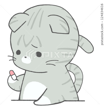 A brown tabby cat looking sadly at medicine 124834616