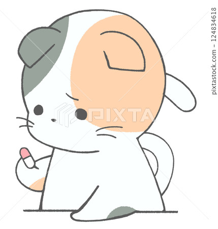 Calico cat looking sadly at medicine 124834618