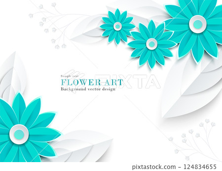 Papercraft style illustration of abstract blue and pastel green flowers (daisies, gerberas, etc.) | Background material Papercraft style illustration of abstract blue and pastel green flowers (daisies, gerberas, etc.) | Background material 124834655