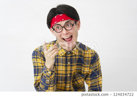 Akihabara-style male fantasizing on white background 124834722