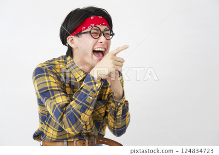 Akihabara-style man pointing to the right, white background 124834723