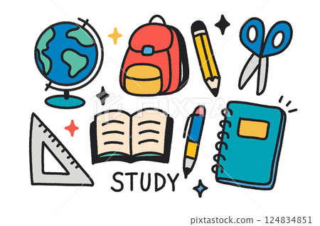 Colorful doodles of study items including globe backpack pencil scissors open book pen notebook and ruler create vibrant educational theme that inspires learning 124834851