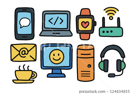 collection of digital devices and communication tools including smartphone laptop smartwatch router email icon desktop computer and headphones conveying modern tech lifestyle collection of digital devices and communication tools including smartphone laptop smartwatch router email icon desktop computer and headphones conveying modern tech lifestyle 124834855