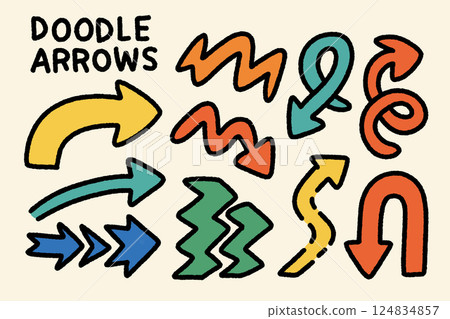 Doodle arrows in various colors and styles create playful and creative design, perfect for adding fun touch to any project. These arrows can guide attention and enhance visual communication Doodle arrows in various colors and styles create playful and creative design, perfect for adding fun touch to any project. These arrows can guide attention and enhance visual communication 124834857
