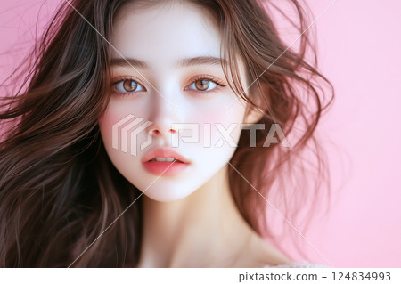 Beautiful woman gazing with her hair blowing in the wind Beautiful woman gazing with her hair blowing in the wind 124834993