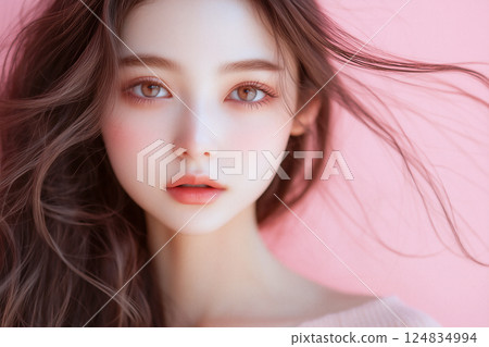 美麗的女人凝視著她的頭髮在風中飄揚 美麗的女人凝視著她的頭髮在風中飄揚 124834994