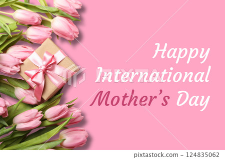 Happy Mother's Day, A cheerful design featuring pink tulips and a wrapped gift conveys warm wishes for Mother's Day Happy Mother's Day, A cheerful design featuring pink tulips and a wrapped gift conveys warm wishes for Mother's Day 124835062