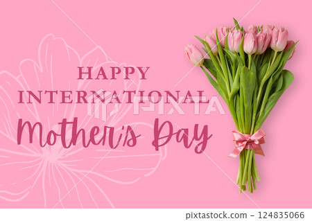 Happy Mother's Day, Postcard design of pink tulips with a bow for Mother's Day on a soft pink background Happy Mother's Day, Postcard design of pink tulips with a bow for Mother's Day on a soft pink background 124835066