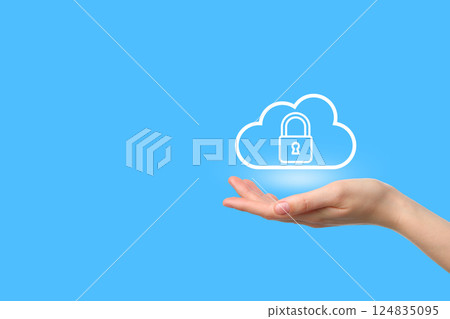 A hand supports a cloud symbol featuring a padlock, symbolizing data security practices 124835095