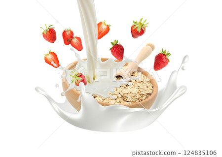 PNG, Healthy food, bowl with uncooked oatmeal, strawberries and flowing milk isolated on white background PNG, Healthy food, bowl with uncooked oatmeal, strawberries and flowing milk isolated on white background 124835106