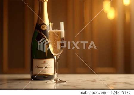 High-end product photography of a champagne bottle and flute glass illuminated in warm light 7 AI-generated image 124835172