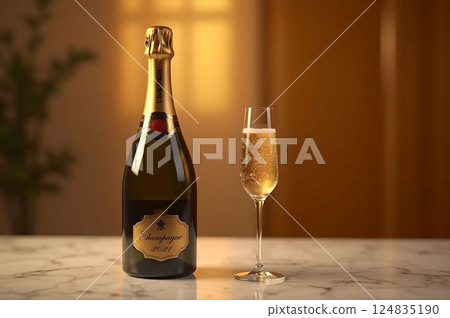香檳酒瓶和長笛杯在暖光下閃耀的奢侈品攝影 14 張 AI 生成的圖像 124835190