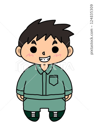 A man with short hair wearing green work clothes A man with short hair wearing green work clothes 124835309