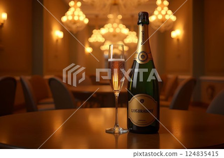 Luxurious product photo of a champagne bottle and flute glass illuminated with warm mood lighting 41 AI-generated image Luxurious product photo of a champagne bottle and flute glass illuminated with warm mood lighting 41 AI-generated image 124835415