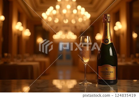 45 AI-generated product photos of luxurious champagne bottles and flute glasses illuminated with warm mood lighting 124835419