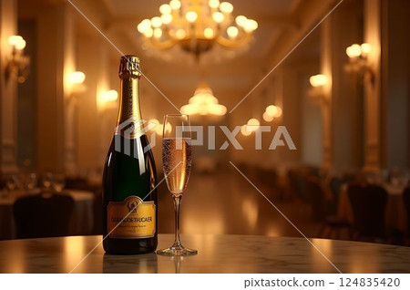 46 AI-generated product photos of luxurious champagne bottles and flute glasses illuminated with warm mood lighting 124835420