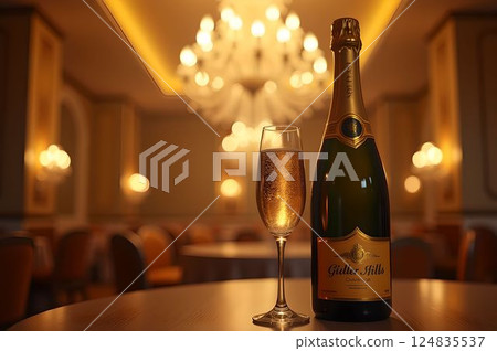 28 張香檳酒瓶和長笛杯的奢華產品照片，以溫暖的氛圍燈光照亮，AI 生成的圖像 124835537