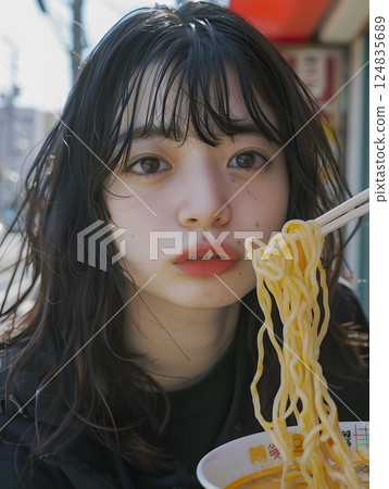 Asian woman portrait enjoying ramen Asian woman portrait enjoying ramen 124835689