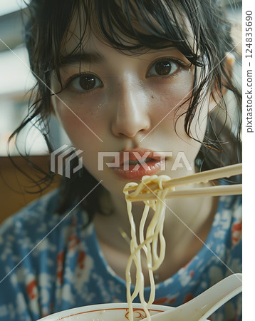 Asian woman portrait enjoying ramen 124835690