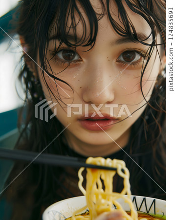 享用拉麵的亞洲女性肖像 124835691